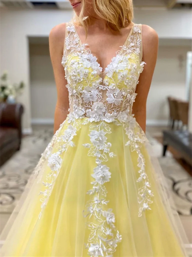 A Line V Neck Tulle Lace Long Prom Dresses Formal Evening Dresses